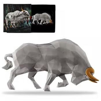 2024 Chad 1 oz Silver Multifaceted Bull Shaped Coin .999 Fine: The 2024 Chad 1 oz Silver Bull Coin features a unique multifaceted geometric design. Struck in .999 fine silver, it combines modern art with classic bullion themes. The angular surfaces reflect light 