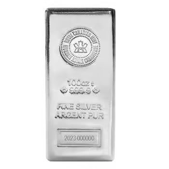 100 oz Royal Canadian Mint (RCM) .9999 Fine Silver Bar (1 of 2)