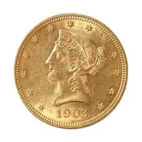 $10 Gold Liberty 1903 AU: The 1903 $10 Gold Liberty, part of the esteemed Eagle series, is a distinguished artifact of early 20th-century American coinage. Struck during a period of economic growth and industrial expansion, th