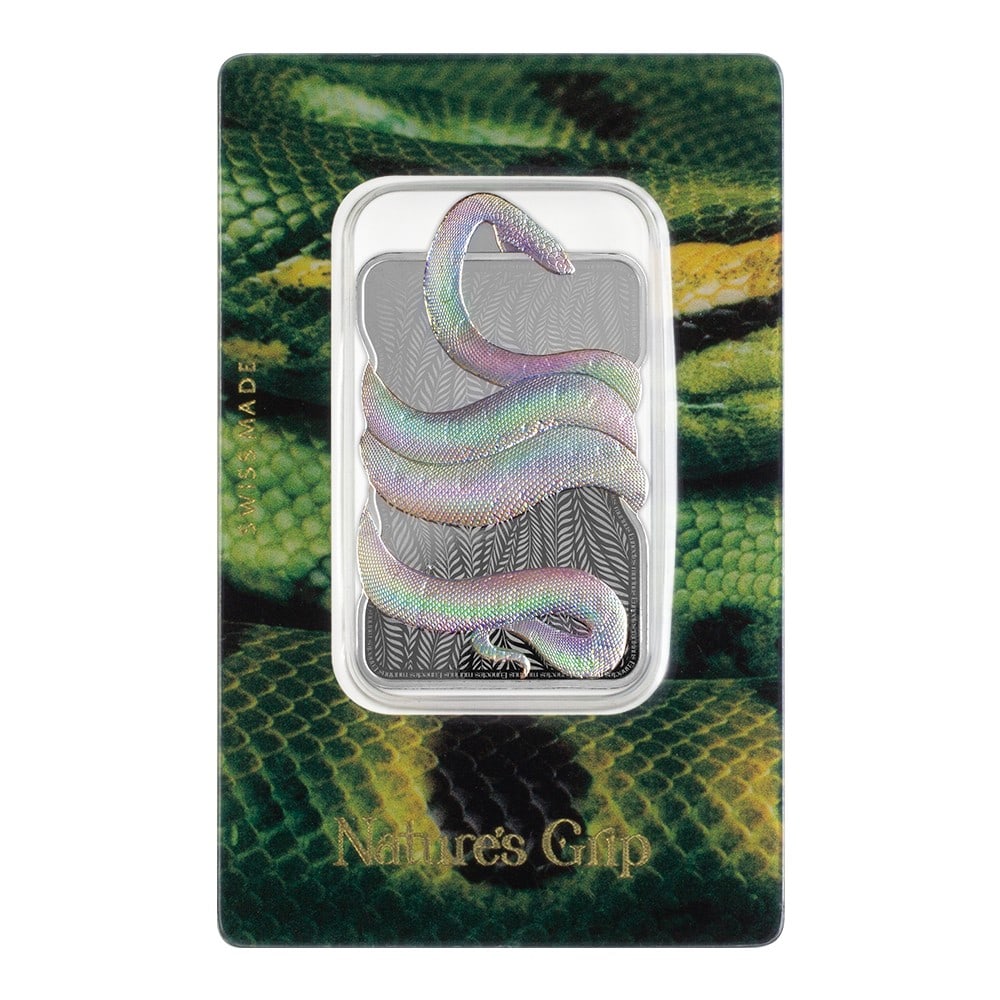 Pamp Suisse 1oz Silver Bar Nature's Grip - Green Anaconda $2 Nuie: The PAMP Suisse 1 oz Silver Bar Natures Grip Green Anaconda $2 Niue is an intricately designed bullion bar produced by PAMP Suisse, struck in .999 fine silver. This release features a detailed green a