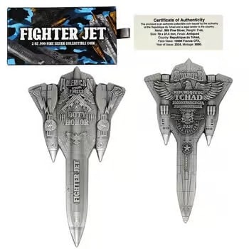 2024 Chad 2 oz Silver Fighter Jet Antiqued Shaped Coin .999 Fine: This 2024 Chad 2 oz Silver Fighter Jet Coin is a stunning antiqued shaped piece struck in .999 fine silver. Designed in the form of a detailed fighter jet, it features high-relief craftsmanship with a