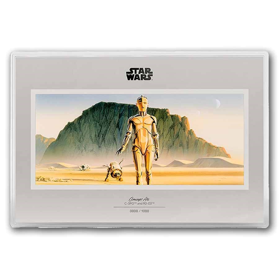 2026 Niue 1 oz Silver $2 Star Wars Art: C-3PO and R2-D2: 2026 Niue 1 oz .999 Silver $2 Star Wars: C-3PO and R2-D2 Art Round ultra-limited mintage of 1,000, featuring full-color desert concept artwork in premium display-ready presentation packaging.