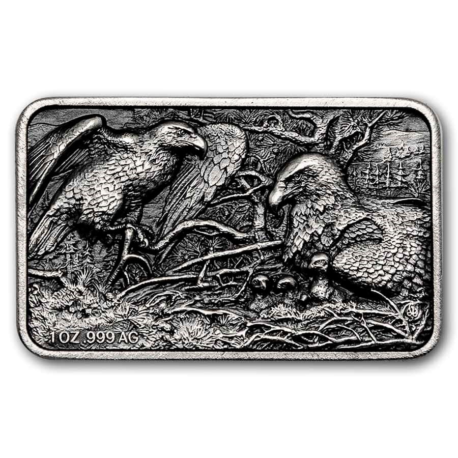 2026 Benin 1 oz Silver Antique P. De Greef Eagle Family: The 2026 Benin 1 oz Silver Antique P. De Greef Eagle Family is a beautifully designed collectible coin issued for the Republic of Benin, struck in .999 fine silver with an antique finish. This release