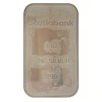1 oz Scotiabank Vintage Silver Bar .999 Fine: A rare vintage 1 oz silver bar from Scotiabank, featuring .999 fine purity. Collectible due to its historical significance and limited availability. A great piece for both investors and vintage bullio