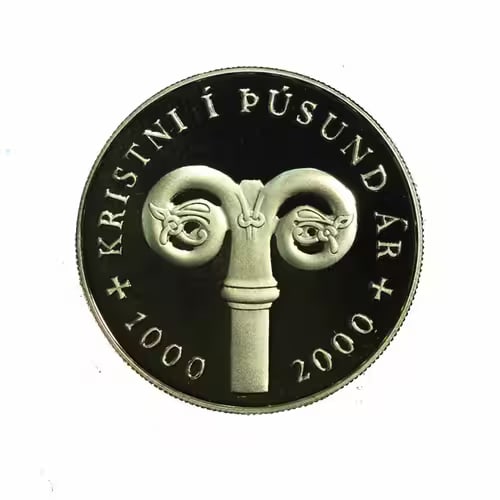 Iceland 10000 Kronur Gold PF 2000--1000 Years of Christianity: The Iceland 10,000 Kronur Gold PF 2000 1000 Years of Christianity is a proof gold commemorative coin marking the millennium of Christianity in Iceland. Issued with exceptional proof quality, the coin 