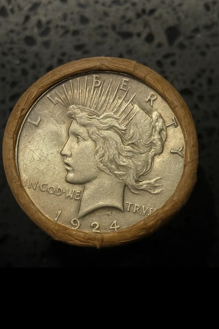 BU $10 Peace Silver Dollar Roll 1924 & 1926 Ends: An original Brilliant Uncirculated (BU) sealed roll containing 10 Peace Silver Dollars, featuring a 1924 coin on one end and a 1926 coin on the other. The roll remains sealed to ensure the interior co