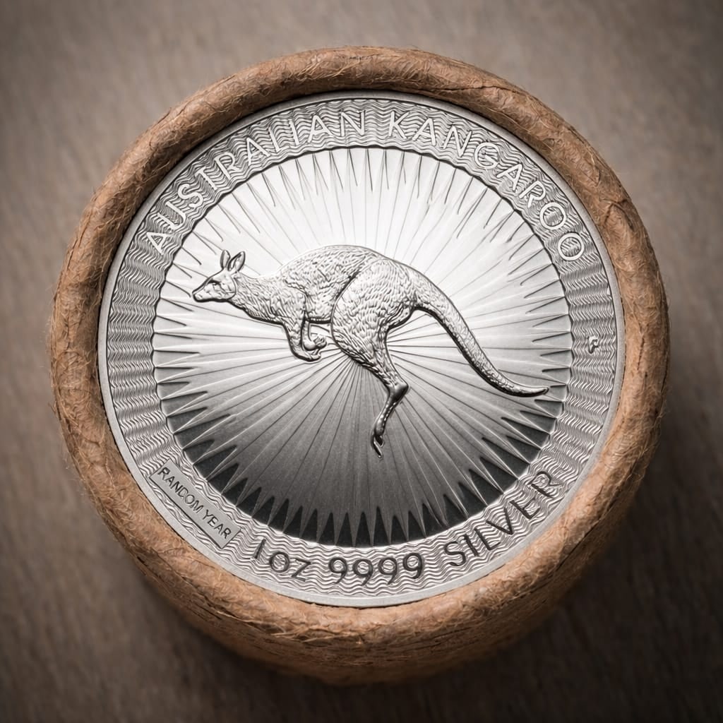 BU $20 Australia 1 oz Silver Kangaroo (Random Year) Roll: BU roll of 20 Australia 1 oz Silver Kangaroo coins, each struck in .9999 fine silver by the Perth Mint. These Brilliant Uncirculated coins feature the iconic red kangaroo design with a radial sunburst