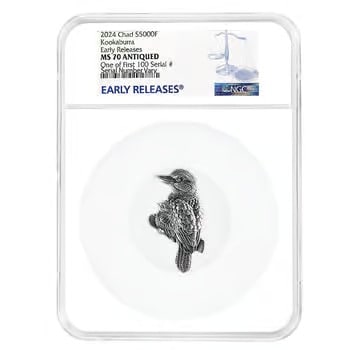 2024 Chad 1 oz Silver Kookaburra Shaped Coin NGC MS 70 ER One of First 100: 2024 Chad 1 oz .999 Silver Kookaburra Shaped Coin high-relief antique finish, certified NGC MS70 ER and among the first 100 struck, limited mintage of 1,000.