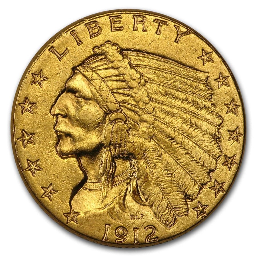 US $2.5 Indian Gold Coins Extra Fine 1912: The 1912 $2.5 Indian Gold Coin, graded Extra Fine (XF), is a remarkable piece of American numismatic history. Designed by sculptor Bela Lyon Pratt and first minted in 1908, these coins feature a uniqu