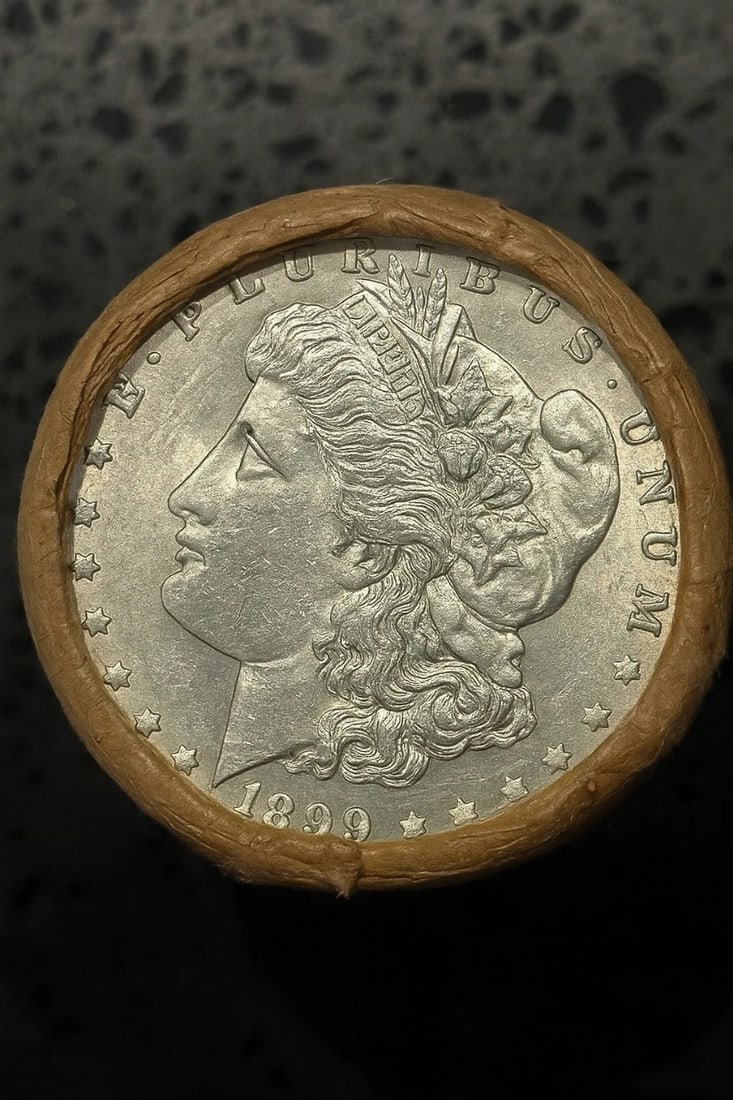 BU $10 Morgan Silver Dollar Roll 1899 & 1901 Ends: An original Brilliant Uncirculated (BU) sealed roll of Morgan Silver Dollars, featuring an 1899 coin on one end and a 1901 coin on the opposite end. The roll remains sealed, with only the front and ba