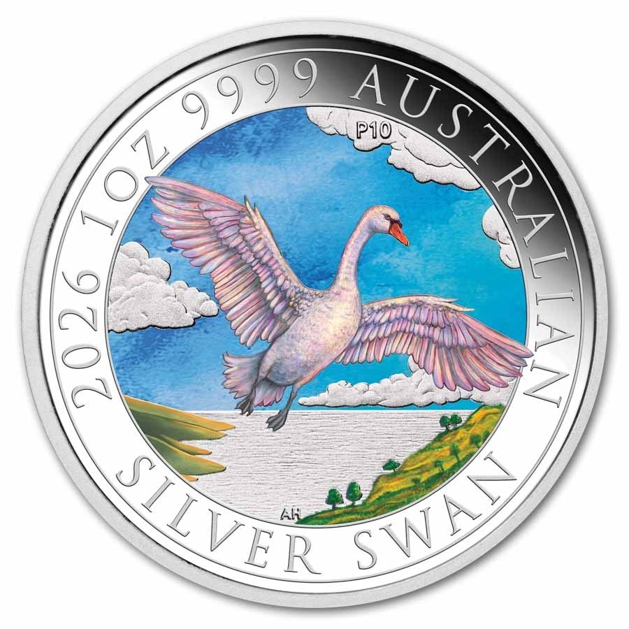 2026 Australia 1 oz Silver Swan Colorized (w/Box & COA): 2026 Australia 1 oz .9999 Silver Swan (Colorized) limited to just 1,500 coins worldwide, featuring the 10th-anniversary P10 Perth Mint mark and stunning full-color sky design.
