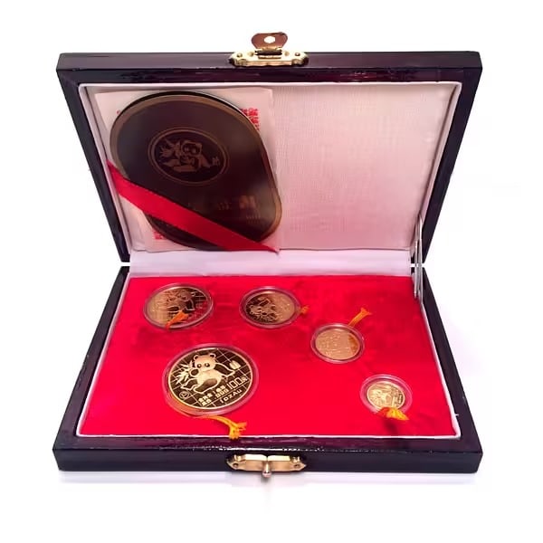 Chinese Gold Panda 5 Coin Proof Set 1989 Original Box: The Chinese Gold Panda 1989 5-Coin Proof Set (Original Box) includes all five denominations struck in .999 fine gold with brilliant mirror-like proof finishes and official mint presentation. Complete 