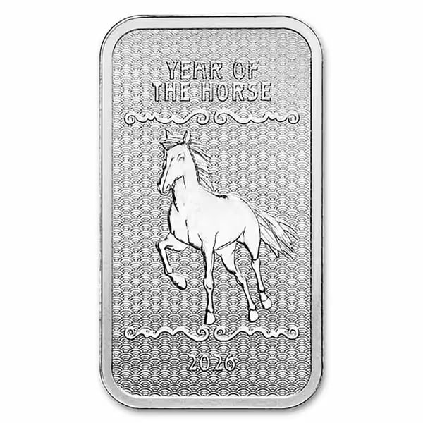 10 Ounce Silver Bar--Year of the Horse 2026: The 10 oz Silver Bar Year of the Horse 2026 is a themed bullion bar struck in .999 fine silver, weighing 10 troy ounces. Inspired by the Chinese zodiac, this release celebrates the Year of the Horse w