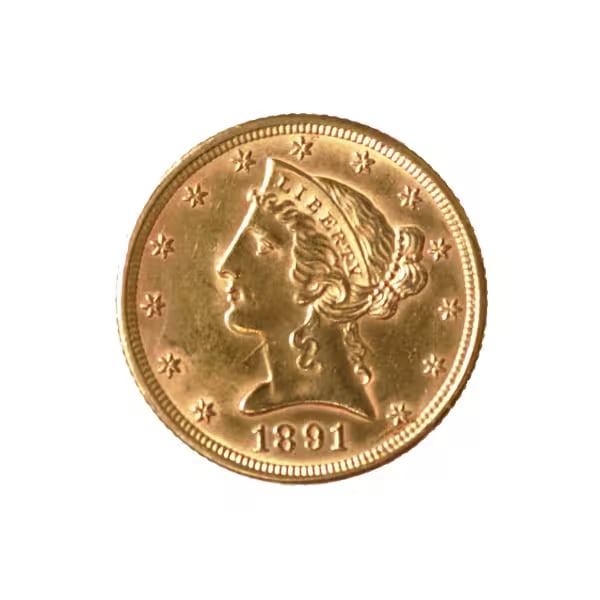 $5 Gold Liberty 1891 AU: The 1891 $5 Gold Liberty, also known as the Liberty Head half eagle, is a distinguished piece of American coinage and a significant example of late 19th-century numismatics. Part of the Liberty Head s