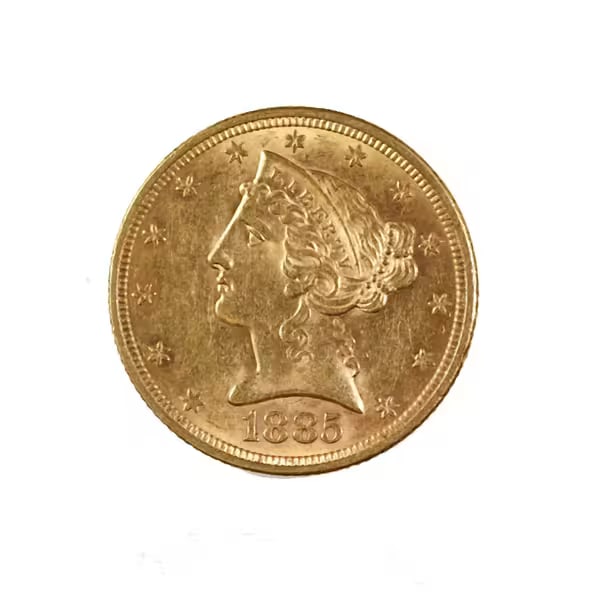 $5 Gold Liberty 1885 AU: $5 Gold Liberty Half Eagle 1885 AU Philadelphia-minted Liberty Head, featuring Liberty with 13 stars obverse and heraldic eagle reverse; struck in 90% gold (8.36g), this AU coin blends historical sign