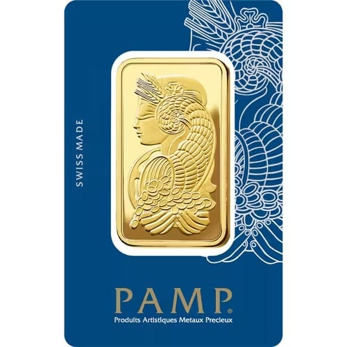 PAMP Suisse 100 Gram Gold Bar - Fortuna Design: The PAMP Suisse 100 Gram Gold Bar featuring the iconic Fortuna design is a world-renowned masterpiece of bullion, blending exceptional .9999 fine gold purity with Swiss precision and artistic depth. P