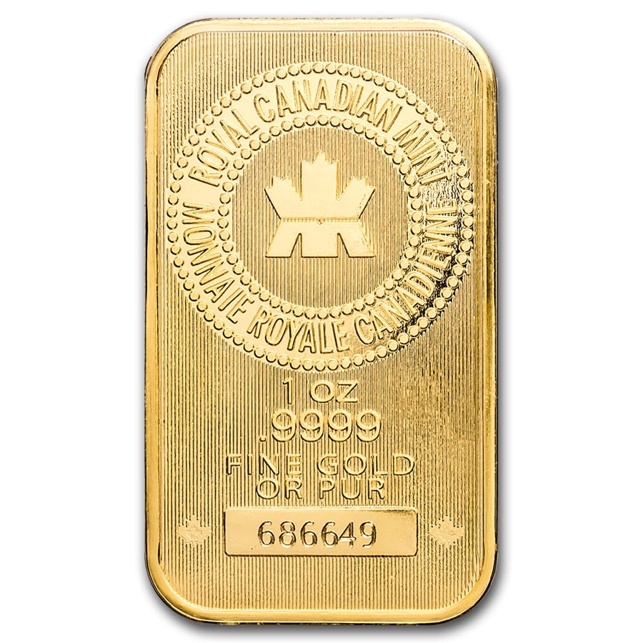 1 oz Gold Bar - Royal Canadian Mint New Design (In Assay): 1 oz Gold Bar Royal Canadian Mint New Design (In Assay) contains 1 troy ounce of .9999 fine gold. Each bar is presented in a sealed protective assay package, with multiples of 25 typically shipped in 