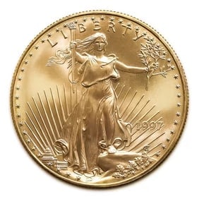 1997 American Gold Eagle 1/4 oz Uncirculated: 1997 American Gold Eagle 1/4 oz Uncirculated: Brilliant uncirculated coin featuring Lady Liberty on the obverse and two Bald Eagles building a nest on the reverse. US Mint guaranteed 22-karat gold, co