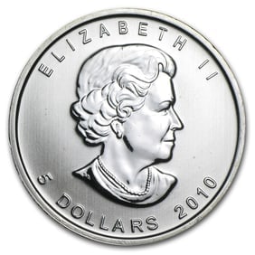 2010 Canada 1 oz Silver Maple Leaf BU: The 2010 Silver Maple Leaf contains 1 oz of .9999 fine silver and is one of the worlds most recognized bullion coins. Issued by the Royal Canadian Mint, it features the classic maple leaf design. Offe