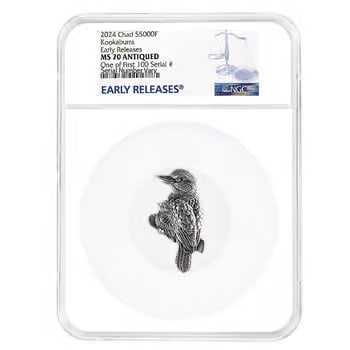 2024 Chad 1 oz Silver Kookaburra Shaped Coin NGC MS 70 ER One of: The 2024 Chad 1 oz Silver Kookaburra Coin is a beautifully shaped issue graded MS70 ER by Numismatic Guaranty Company. Struck in .999 fine silver, it features exceptional detail and a flawless grade. 