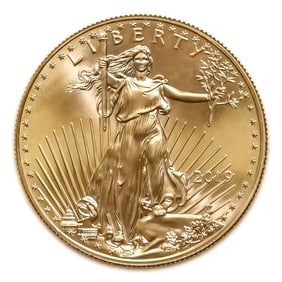 2019 American Gold Eagle 1/2 oz Uncirculated: 2019 American Gold Eagle 1/2 oz ($25 Face Value), struck by the esteemed United States Mint and backed by the U.S. government for weight and purity. Minted in durable 22-karat crown gold (.9167 fine),