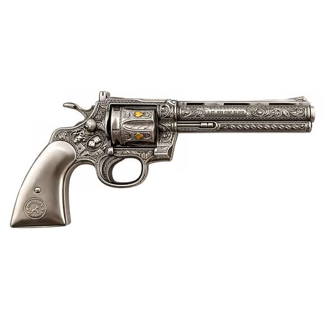 5 oz Silver Revolver Gun Shaped Antiqued High Relief .999 Fine (1 of 2)