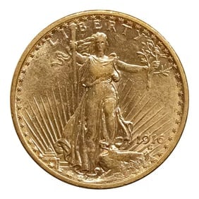 $20 Gold Saint Gaudens 1916-S AU: The 1916-S $20 Gold Saint-Gaudens in About Uncirculated condition is a distinguished example of American coinage, celebrated for its artistry, historical significance, and rarity. Designed by the reno