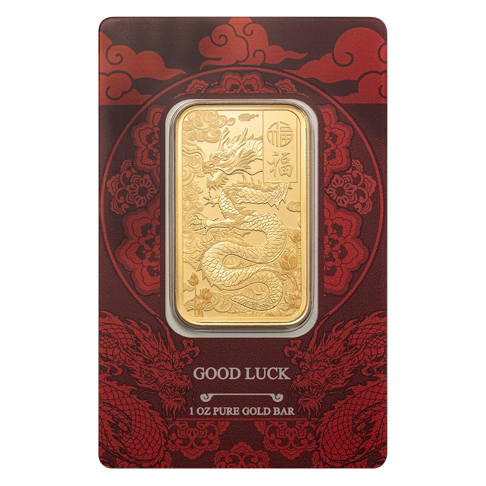 Pamp Suisse 1 Ounce Gold Bar Yellow Dragon: This 1 oz PAMP Suisse Gold Bar features the striking Yellow Dragon design inspired by Asian symbolism of strength and prosperity. Minted from .9999 fine gold by the renowned Swiss refinery. The detail