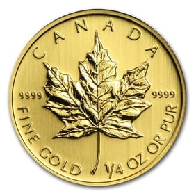 Canada 1/4 oz Gold Maple Leaf (Random Year): Canada 1/4 oz Gold Maple Leaf (Random Year), struck in 1/4 troy ounce of .9999 fine gold, offers the same world-renowned purity and craftsmanship as the larger Maple Leaf coins in a more compact size.