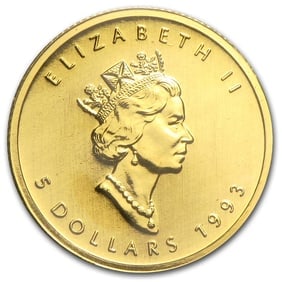 1993 Canada 1/10 oz Gold Maple Leaf BU: 1993 Canada 1/10 oz Gold Maple Leaf BU, struck in 1/10 troy ounce of .9999 fine gold, provides high-purity gold in a convenient fractional size. Each coin comes in protective packaging.