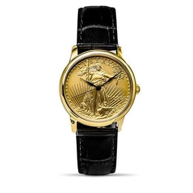 2023 1/4 oz Gold American Eagle Swiss Made Leather Band Watch: This 2023 1/4 oz Gold American Eagle Swiss Made Leather Band Watch features a genuine 1/4 troy ounce American Gold Eagle coin elegantly set into the dial, combining classic U.S. gold coinage with refi