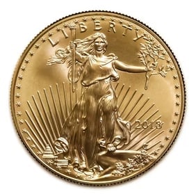 2018 American Gold Eagle 1 oz Uncirculated: 2018 American Gold Eagle 1 oz Uncirculated - Lady Liberty obverse and nesting bald eagles reverse in 22-karat .9167 gold, fully U.S. government-backed. A brilliant, collectible bullion coin celebratin