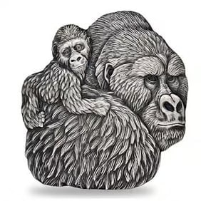 2023 Chad 1 oz Silver Gorilla and Child Shaped Antiqued High Relief: This 2023 Chad 1 oz Silver Gorilla and Child Coin features a touching wildlife design in high relief. Struck in .999 fine silver, the antiqued finish enhances the depth and lifelike detail. The shaped