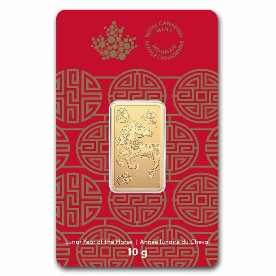 2026 Canada 10g Gold Bar - Lunar Year of the Horse (Premium): 2026 Canada 10g Gold Bar - Lunar Year of the Horse (Premium) contains 10 grams of .9999 fine gold. This Premium Bullion bar comes in custom Lunar Year of the Horse themed packaging, hermetically seale