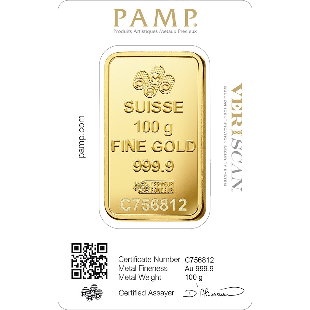PAMP Suisse 100 Gram Gold Bar - Fortuna Design: This 100 gram PAMP Suisse Gold Bar showcases the famous Fortuna design, representing the Roman goddess of fortune. Minted from .9999 fine gold, it reflects exceptional Swiss craftsmanship and purity. 
