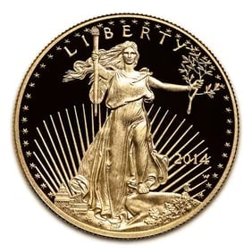 Proof American Gold Eagle Quarter Ounce - In Capsule (Dates Our Choice): Proof American Gold Eagle 1/4 oz - Dates Our Choice: Mirror-like proof coin in protective capsule, featuring Lady Liberty obverse and eagle family reverse, US Mint-guaranteed for weight, purity, and c