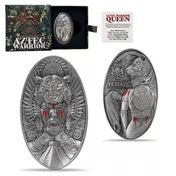 2024 Chad 2 oz Silver Aztec Warrior Queen High Relief Coin .999 Fine: This stunning 2 oz .999 fine silver coin showcases a powerful Aztec Warrior Queen in ultra high relief detail. Rich textures and antique-style finishing bring ancient Mesoamerican artistry to life. A 