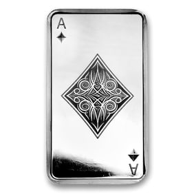 10 oz Silver Bar - Ace of Diamonds: The 10 oz Silver Bar - Ace of Diamonds is a visually striking bullion piece struck in 10 troy ounces of .999 fine silver, featuring a bold playing card design inspired by the Ace of Diamonds. Combinin