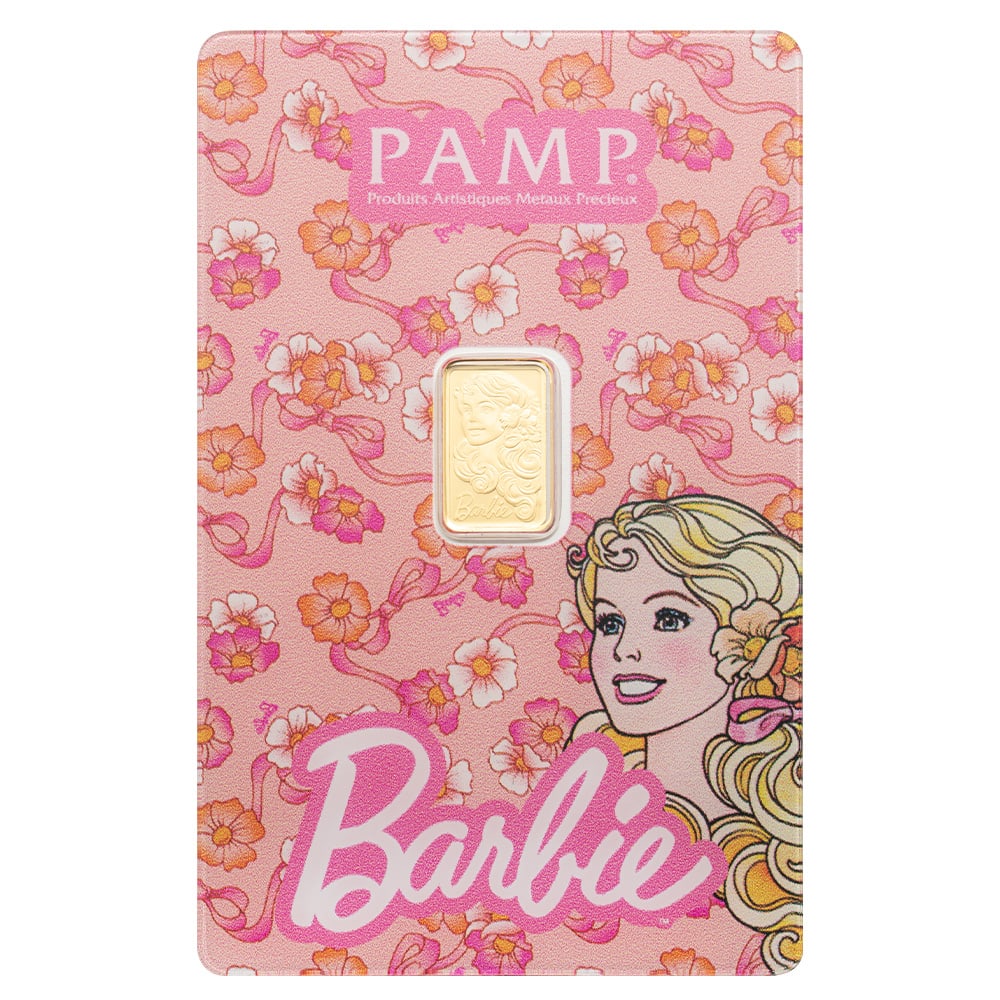 Iconic Barbie 1 Gram Gold Bar - Pamp Suisse: This 1 gram PAMP Suisse Gold Bar celebrates the iconic Barbie brand with a special themed design. Minted from .9999 fine gold and sealed in decorative assay packaging. Produced by the renowned Swiss r