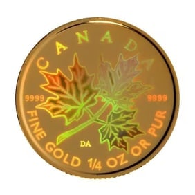 Canada 1/4 Ounce Gold Maple Leaf 2001 hologram: The 2001 Canada Gold Maple Leaf contains 1/4 oz of .9999 fine gold and features a special hologram security design. Issued by the Royal Canadian Mint, it combines bullion value with collectible appeal