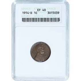 Certified Lincoln Cent 1914-D EF40 ANACS: The Certified Lincoln Cent 1914-D EF40 ANACS is a key-date coin in the Lincoln cent series, struck at the Denver Mint and highly sought after due to its low mintage. Graded Extremely Fine (EF40) by AN