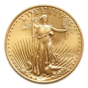 1996 American Gold Eagle 1/10 oz Uncirculated: Issued by the United States Mint, the 1996 American Gold Eagle 1/10 oz contains 1/10 troy ounce of gold and is struck in the official 22-karat Gold Eagle alloy for exceptional durability. Featuring Au