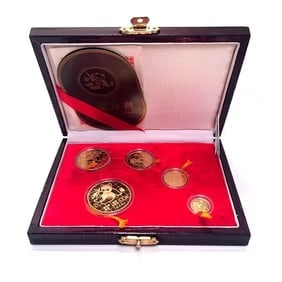 Chinese Gold Panda 5 Coin Proof Set 1989 Original Box: The Chinese Gold Panda 1989 5-Coin Proof Set (Original Box) includes all five denominations struck in .999 fine gold with brilliant mirror-like proof finishes and official mint presentation. Complete 