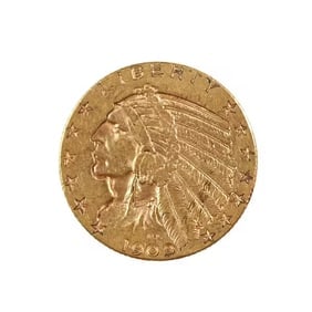 $5 Gold Indian 1909-D Extra Fine: The 1909-D $5 Gold Indian is a standout coin from Bela Lyon Pratts revolutionary Indian Head Half Eagle series. Struck at the Denver Mint, this issue features Pratts distinctive incuse design, with a 
