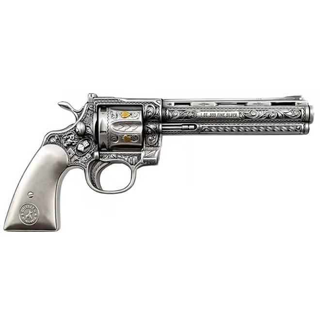 1 oz Silver Revolver Gun Shaped Antiqued High Relief .999 Fine: This 1 oz Silver Revolver Coin is a detailed shaped piece struck in .999 fine silver. Designed as a classic revolver, it features high-relief engraving with an antiqued finish. The rugged texture enha