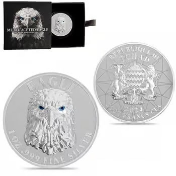 2024 Chad 1 oz Silver Multifaceted American Eagle Ultra High Relief Coin .999 Fine: This remarkable 1 oz .999 fine silver coin presents the iconic American Eagle in a stunning multifaceted ultra high relief design. The geometric styling gives the classic symbol a modern artistic twis