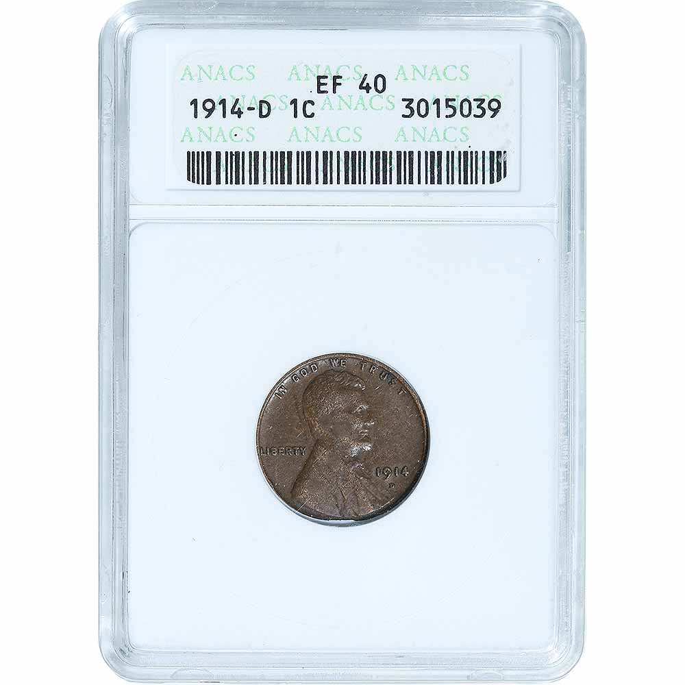 Certified Lincoln Cent 1914-D EF40 ANACS: The Certified Lincoln Cent 1914-D EF40 ANACS is a key-date coin in the Lincoln cent series, struck at the Denver Mint and highly sought after due to its low mintage. Graded Extremely Fine (EF40) by AN