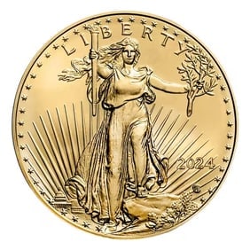 2024 American Gold Eagle 1/10 oz Uncirculated: 2024 American Gold Eagle 1/10 oz Uncirculated: Brilliant uncirculated 1/10 oz gold coin featuring Saint-Gaudens Lady Liberty obverse and nesting bald eagles reverse, U.S. Mint-guaranteed for weight, p