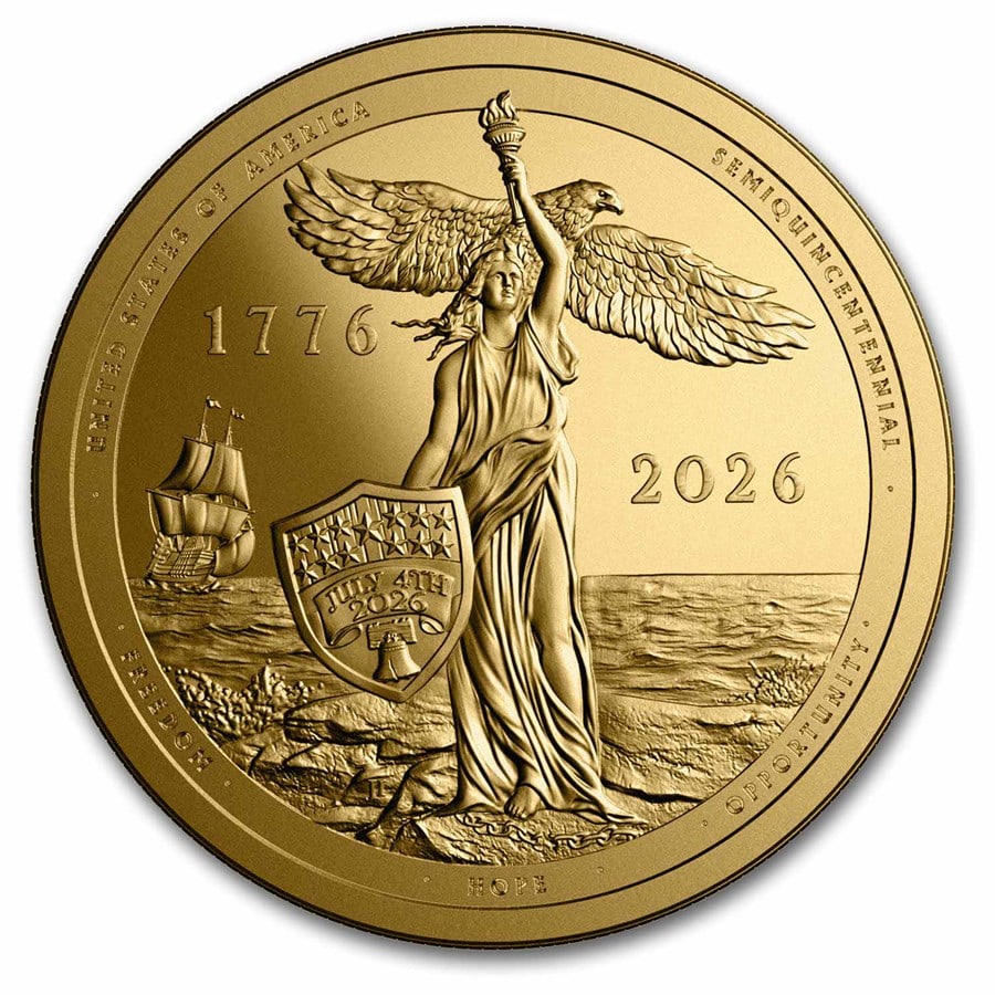 2026 Sail4th 250 1/10 oz Gold Round (in TEP): 2026 Sail4th 250 1/10 oz .999 Gold Round (TEP) - ultra-limited mintage of 1,776, honoring Americas Semiquincentennial with dramatic Liberty and tall ship design.