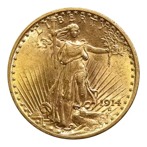 $20 Gold Saint Gaudens 1914 AU: The 1914 $20 Gold Saint-Gaudens in Almost Uncirculated condition is a celebrated piece of American numismatic history, renowned for its beauty, craftsmanship, and historical significance. Designed by 